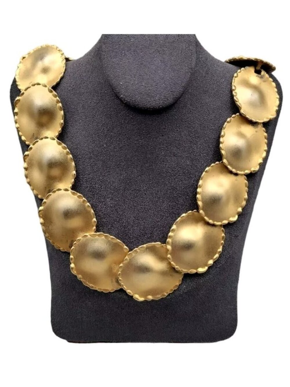 DESIGNER 1980s LARGE DISC Collar Vintage Statement Necklace 18" Matte Gold Tone - Picture 2 of 16